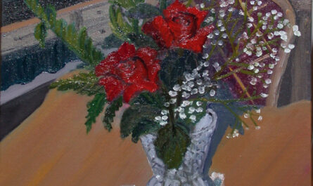 Painting of red roses in a vase