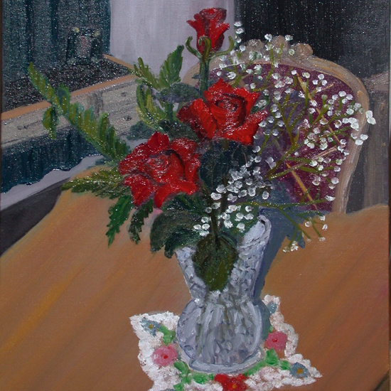 Painting of red roses in a vase